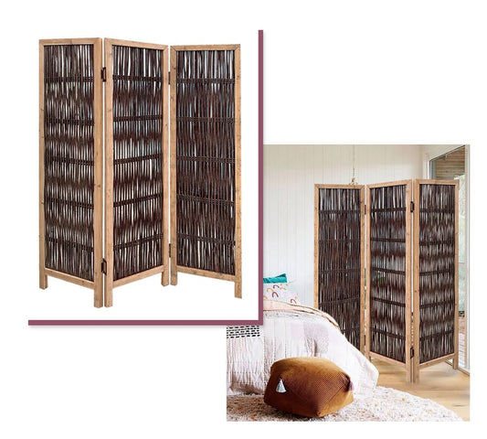 71" Brown Solid Wood Folding Three Panel Screen Room Divider
