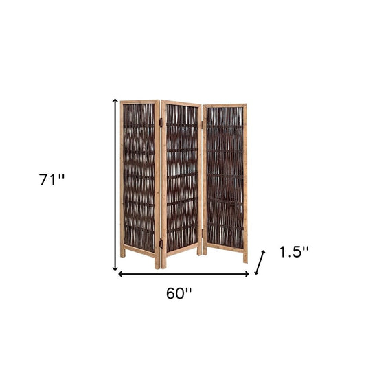 71" Brown Solid Wood Folding Three Panel Screen Room Divider
