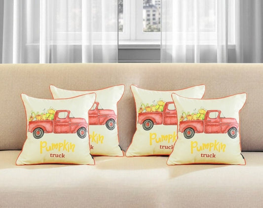Set of Four 18" Orange Red And White Pumpkin Truck Fabric Throw Pillow Covers