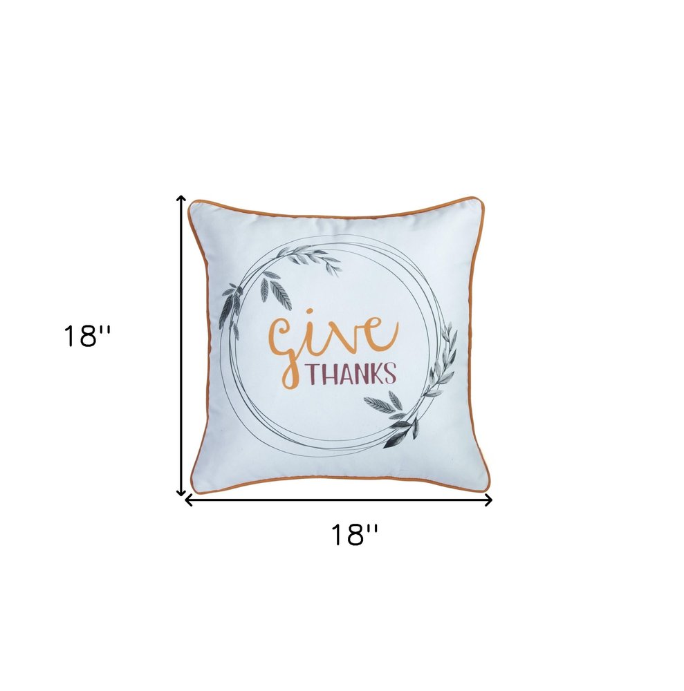 Set of Four 18" Orange and White Give Thanks Thanksgiving Fabric Throw Pillow Covers