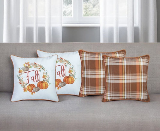Set of Four 18" Brown Orange And White Fabric Throw Pillow Covers
