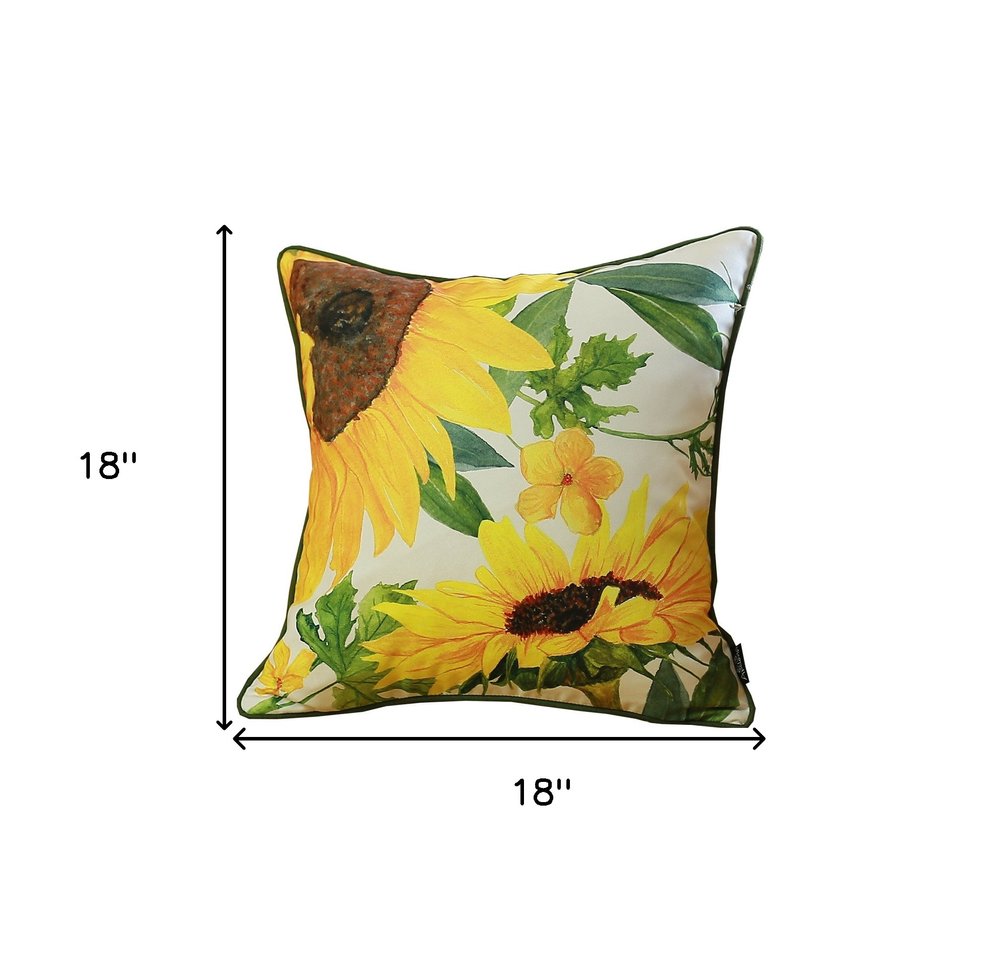 Set of Two 18" Green White And Yellow Sunflowers Fabric Throw Pillow Covers