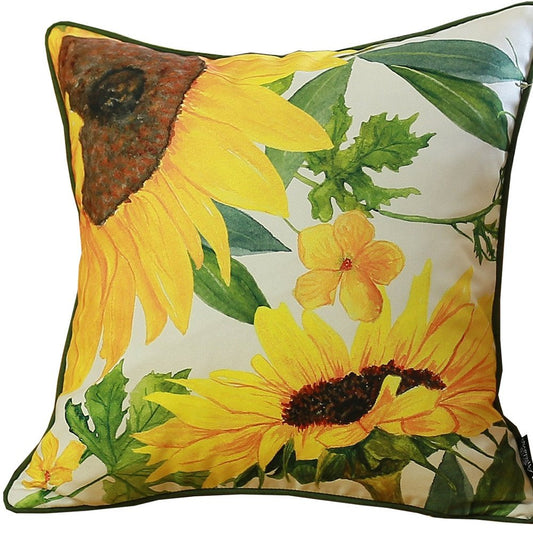 Set of Two 18" Green White And Yellow Sunflowers Fabric Throw Pillow Covers