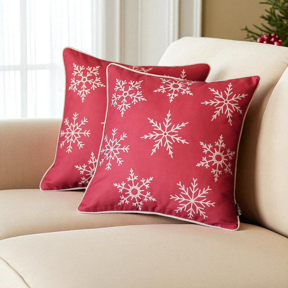 Set Of Two Red 18" Christmas Snowflakes Throw Pillow Covers