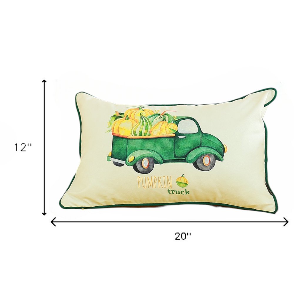 Set of Two 12" X 20" Green And White Pumpkin Truck Pumpkin Fabric Lumbar Throw Pillow Covers