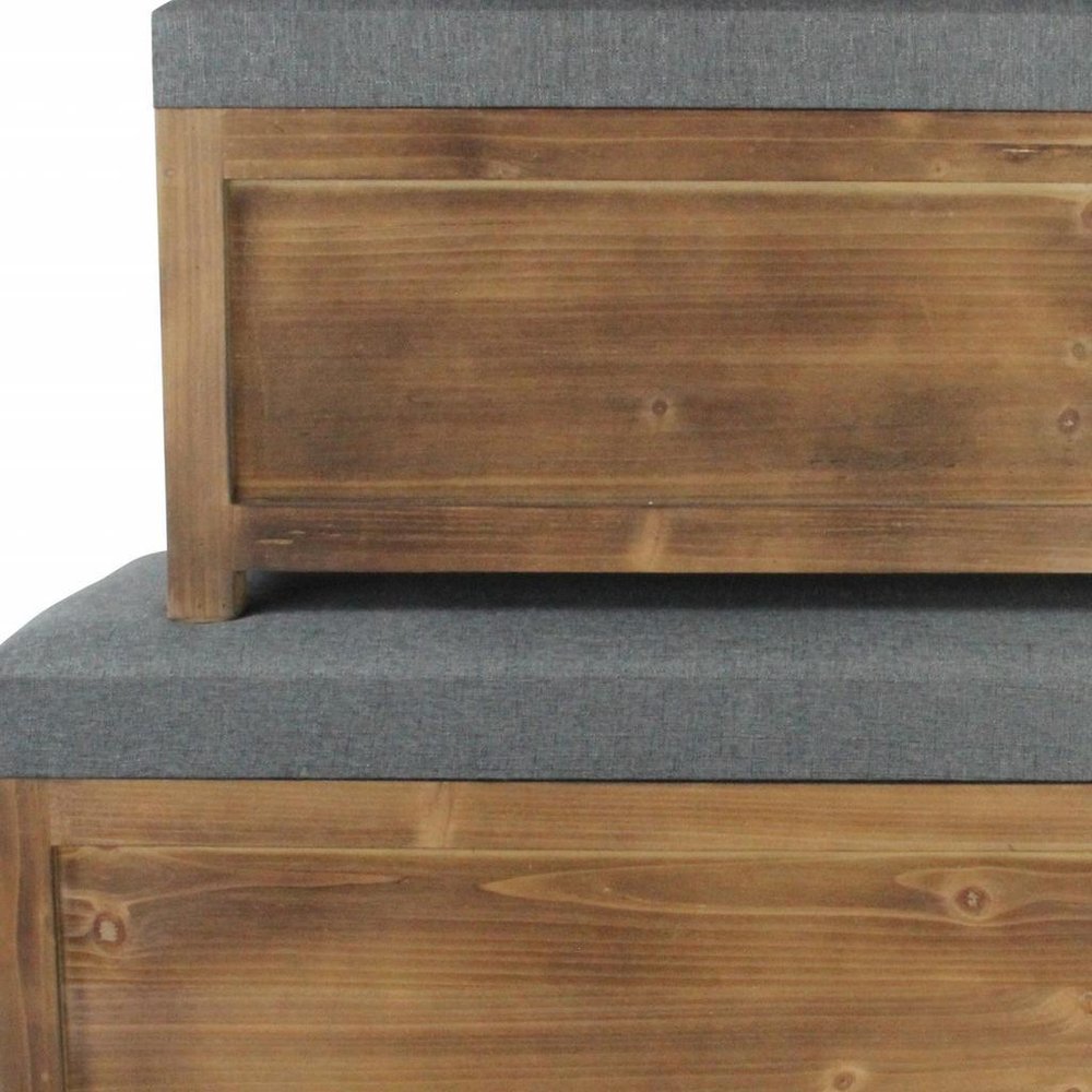 Set Of 2 Rectangular Gray Linen Fabric And Wood Storage Benches