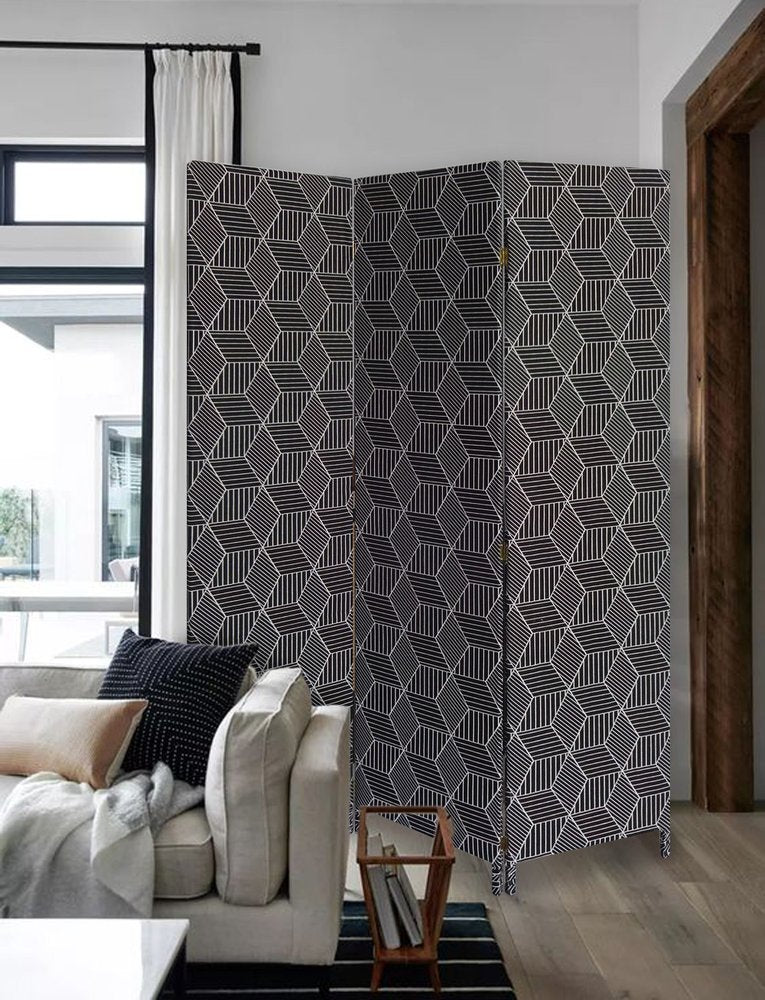 71" Black and White Fabric Folding Three Panel Screen Room Divider