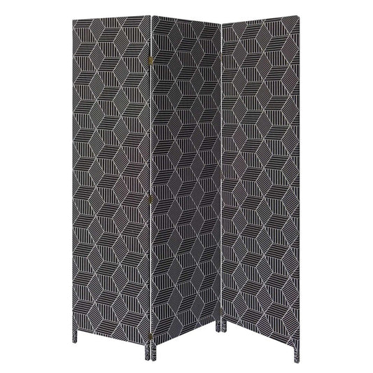 71" Black and White Fabric Folding Three Panel Screen Room Divider