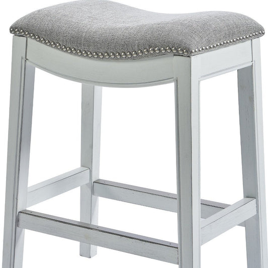 31" Light Gray And White Fabric And Solid Wood Backless Bar Height Bar Chair