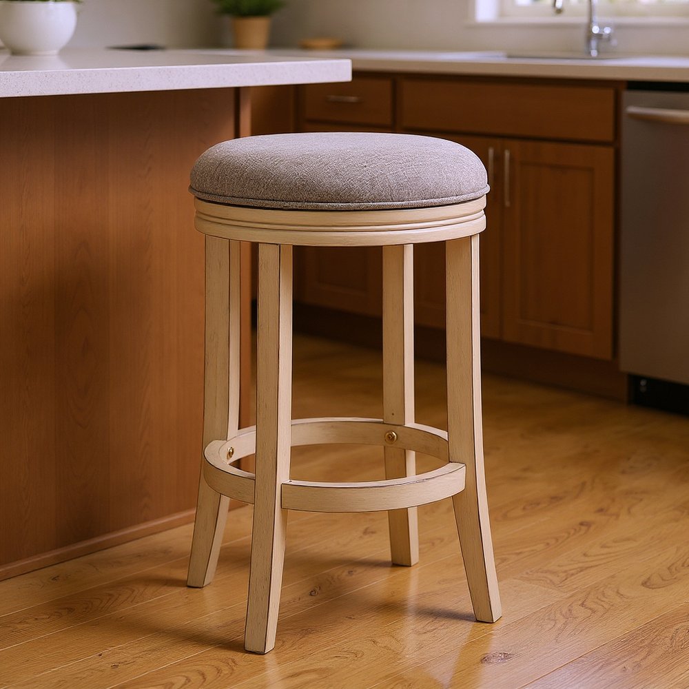 25" Gray and Ivory Fabric and Solid Wood Backless Counter Height Swivel Bar Chair