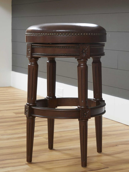 31" Brown Faux Leather and Solid Wood Backless Counter Height Swivel Bar Chair