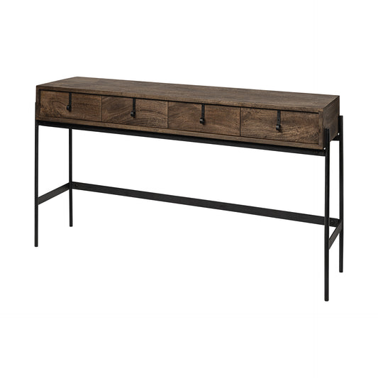 56" Brown and Black Solid Wood and Metal Distressed Console Table With Four Drawers