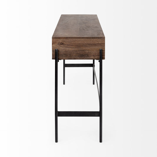 56" Brown and Black Solid Wood and Metal Distressed Console Table With Four Drawers