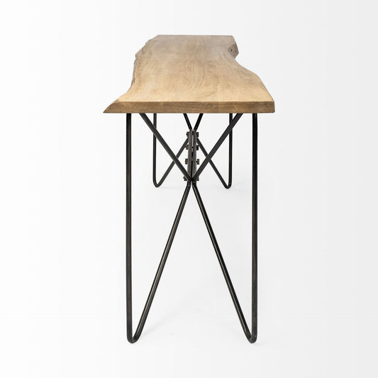 66" Natural and Black Solid Wood and Iron Distressed Abstract Console Table