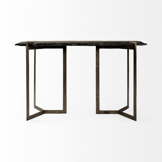50" Black and Nickel Slate and Iron Distressed Double Pedestal Console Table