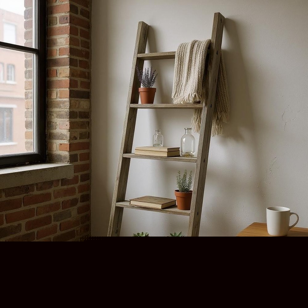 60" Gray Rustic Five Step Wood Ladder Shelf