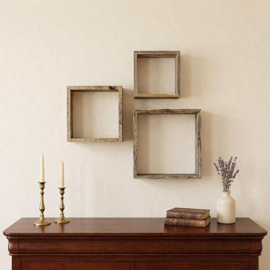 Rustic Farmhouse Set Of 3 Square Shadow Box Shelves