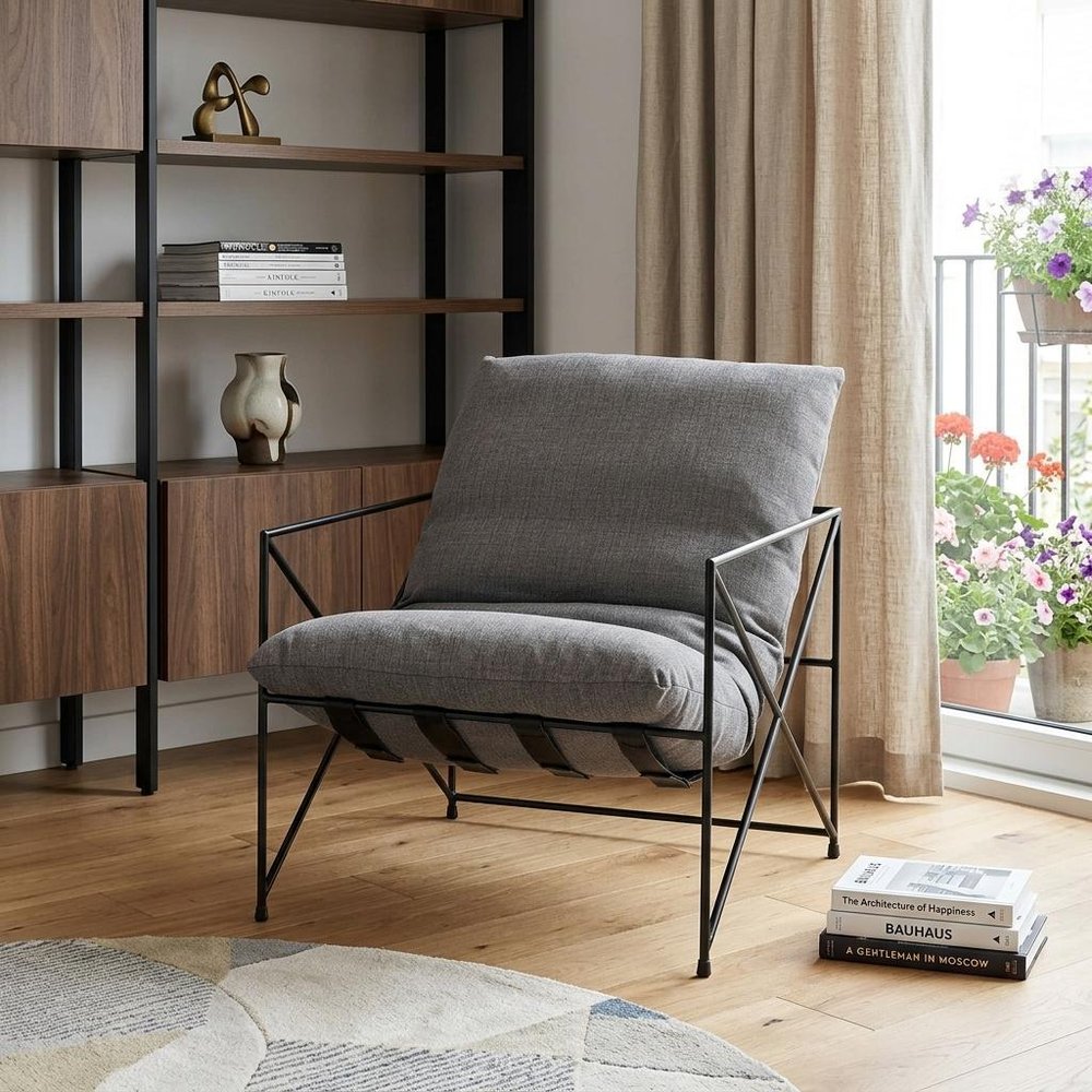 30" Gray and Black Linen Lounge Chair