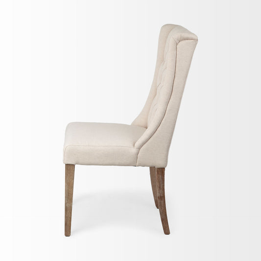 Tufted Cream and Brown Upholstered Linen Wing Back Dining Side Chair