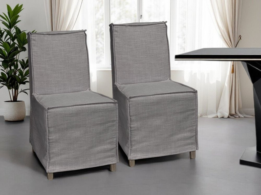 Set Of Two Gray And Brown Slipcovered Wood Parsons Chairs