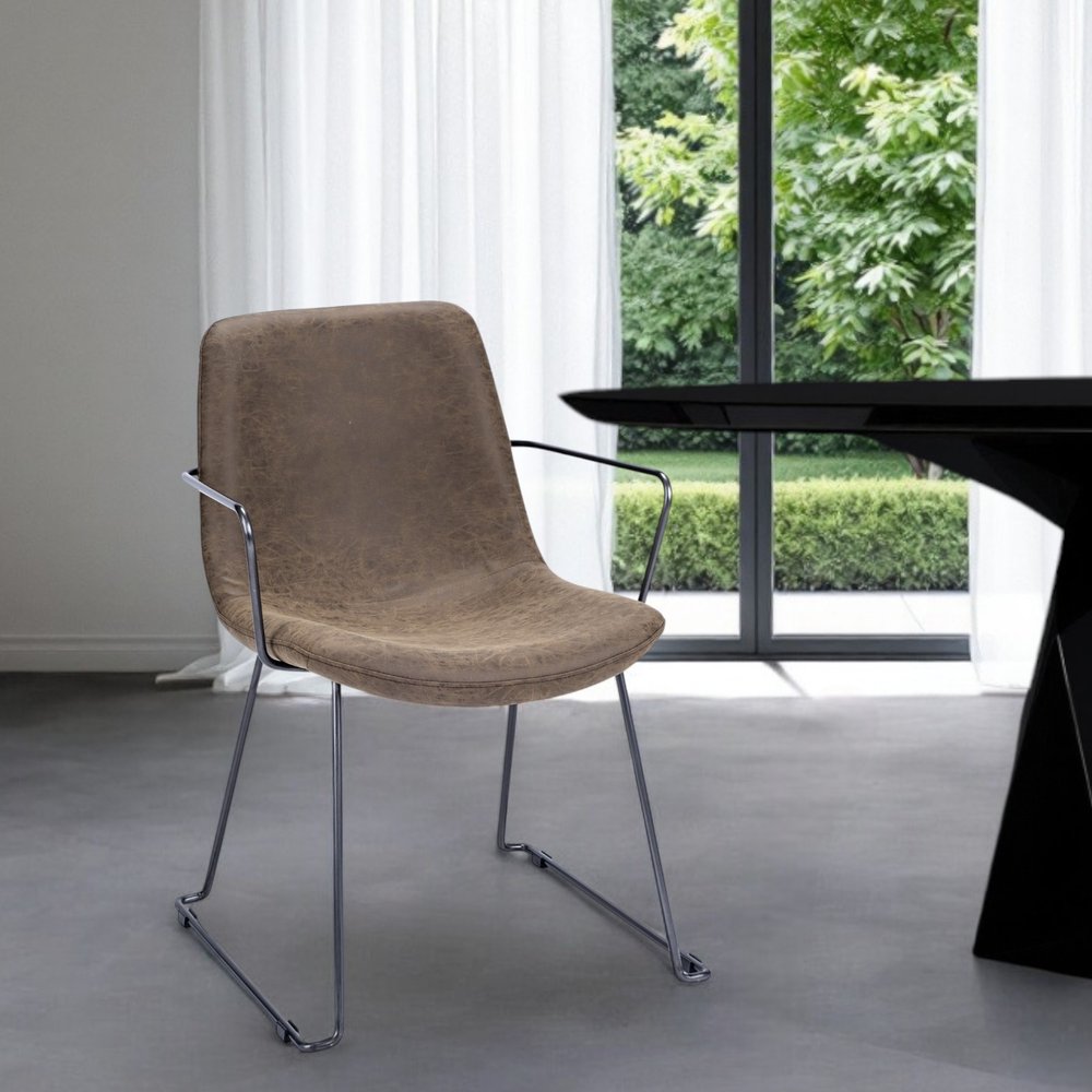 Brown and Black Upholstered Faux Leather Dining Arm Chair