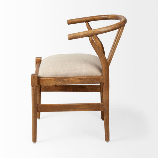 Beige And Brown Upholstered Fabric Wishbone Back