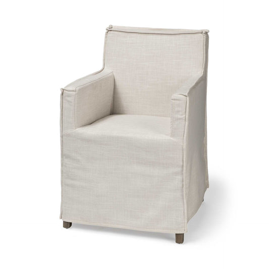 Cream and Brown Slipcovered Upholstered Fabric Dining Arm Chair