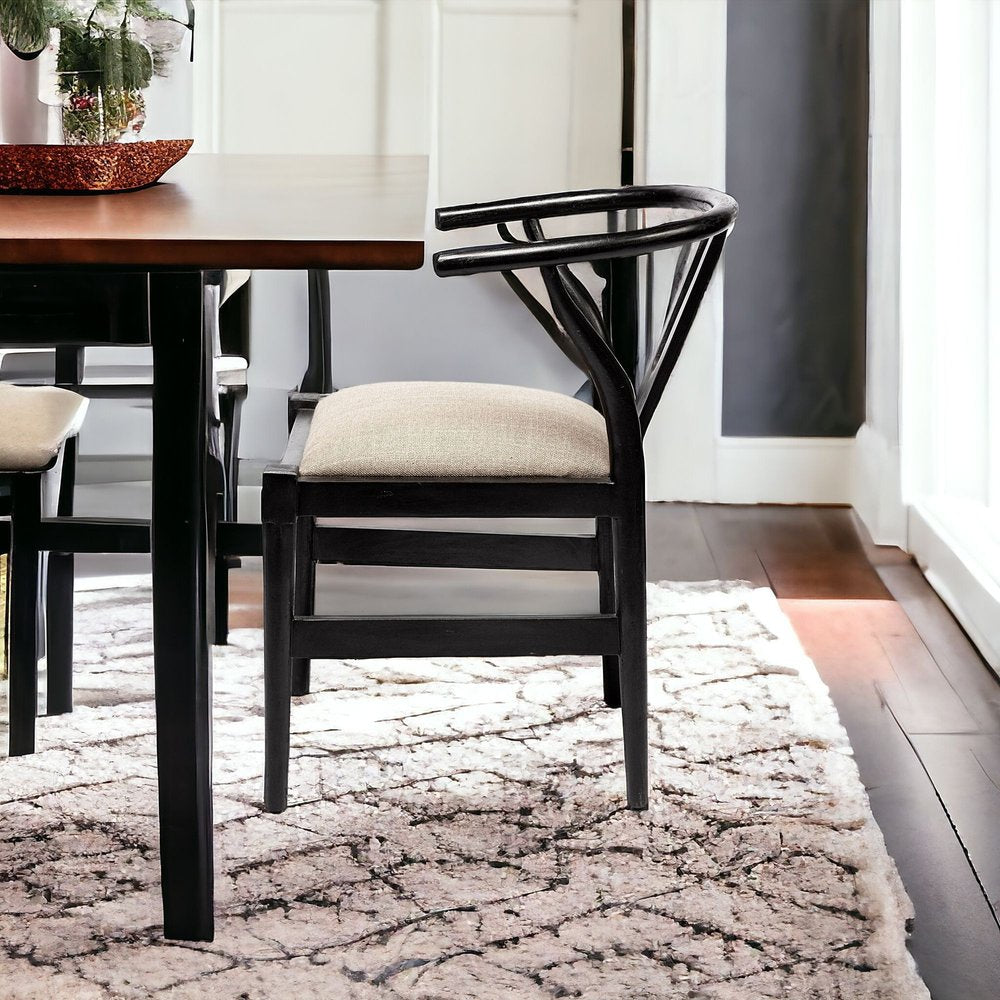 Beige And Black Upholstered Linen Wishbone Back Dining Side Chair