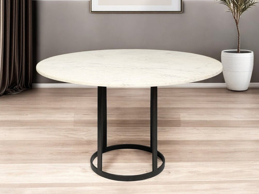 48" White And Black Rounded Marble And Metal Pedestal Base Dining Table