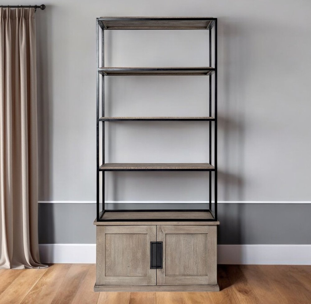 90" Brown Iron and Wood Three Tier Bookcase