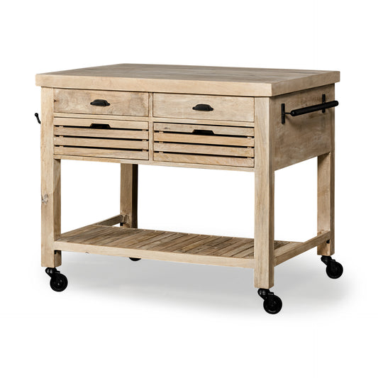 32" Natural Solid Wood Rolling Kitchen Island With Storage