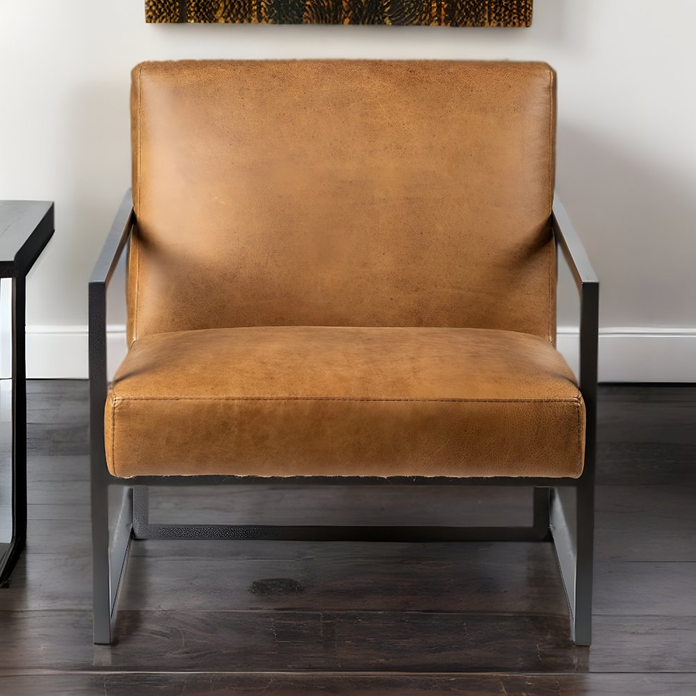 32" Brown and Black Faux Leather Distressed Arm Chair