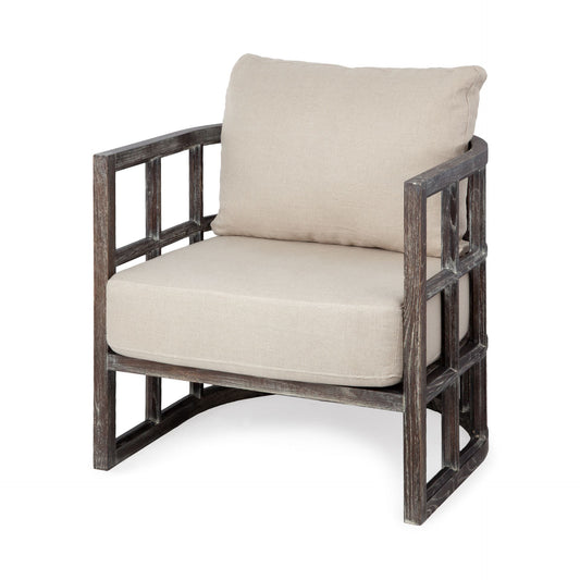 30" Cream and Brown Fabric Distressed Arm Chair