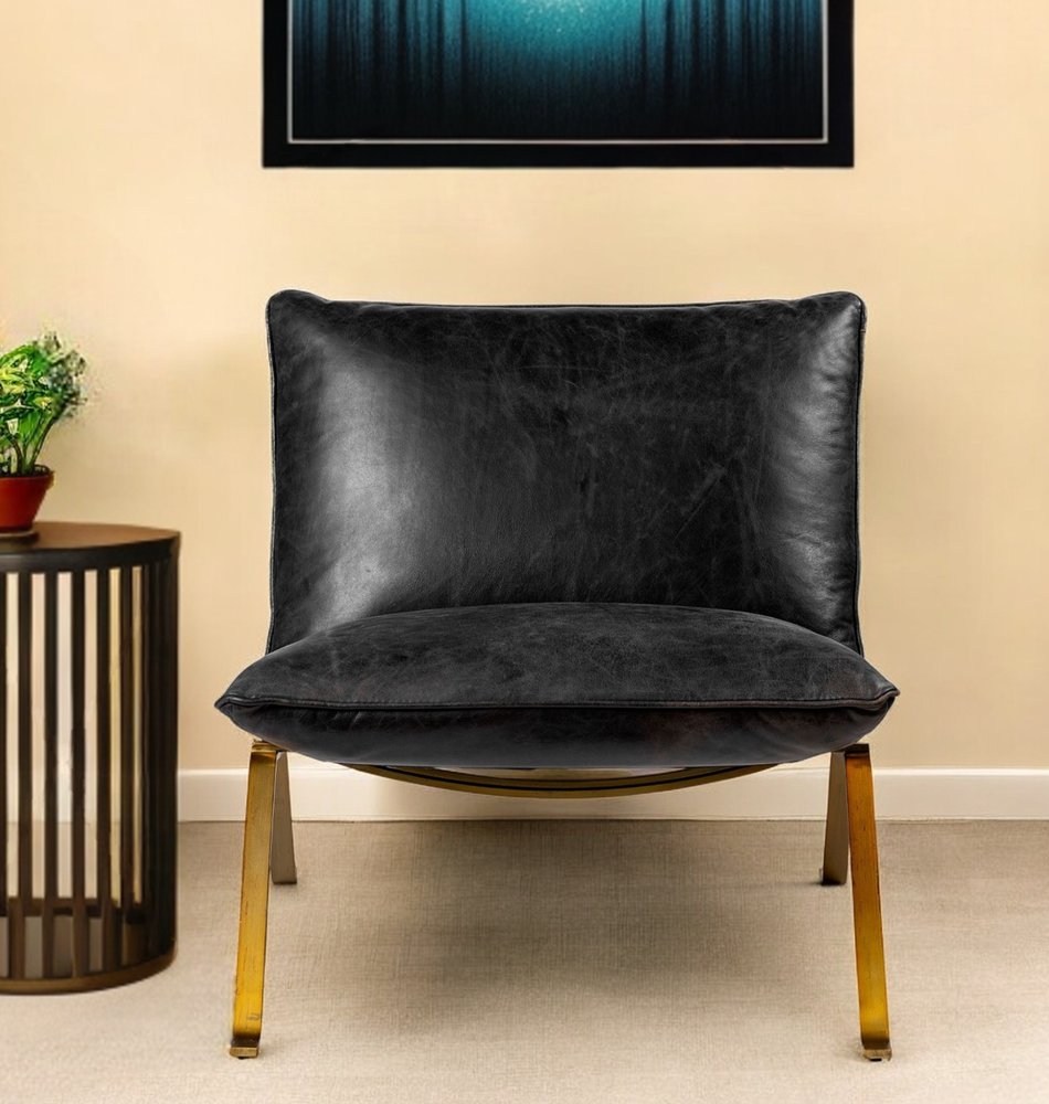 34" Black and Brass Top Grain Leather Distressed Slipper Chair