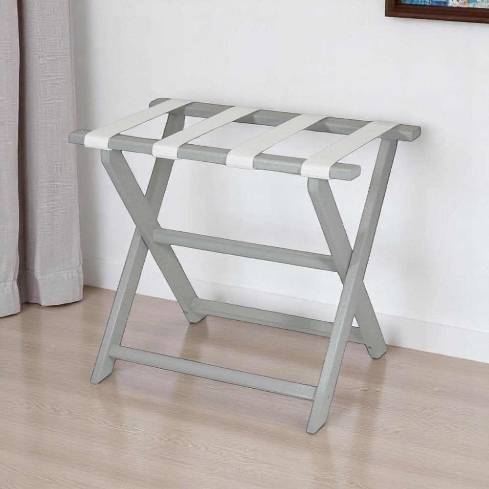 Earth Friendly Light Gray Folding Luggage Rack With White Straps