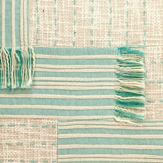 20" Beige And Mint Green Cotton Throw Pillow with Tassels And Texture