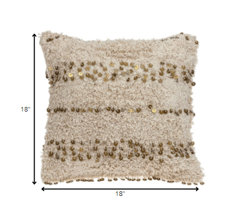 18" Beige And Gold Shaggy Cotton And Sequin Striped Throw Pillow