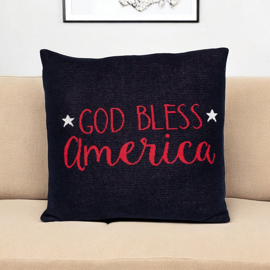 20" Navy Blue Red And White God Bless America Text Cotton Throw Pillow