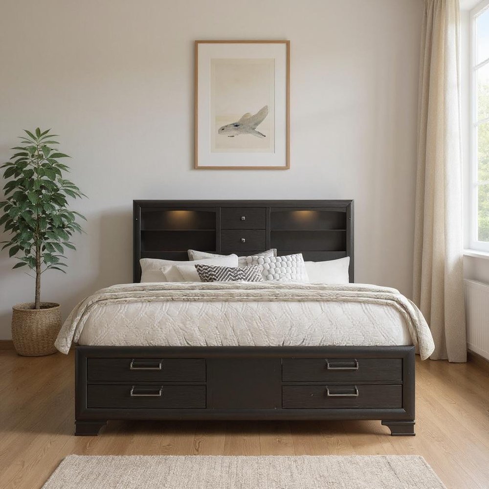 Solid Wood King Gray Eight Drawers Bed