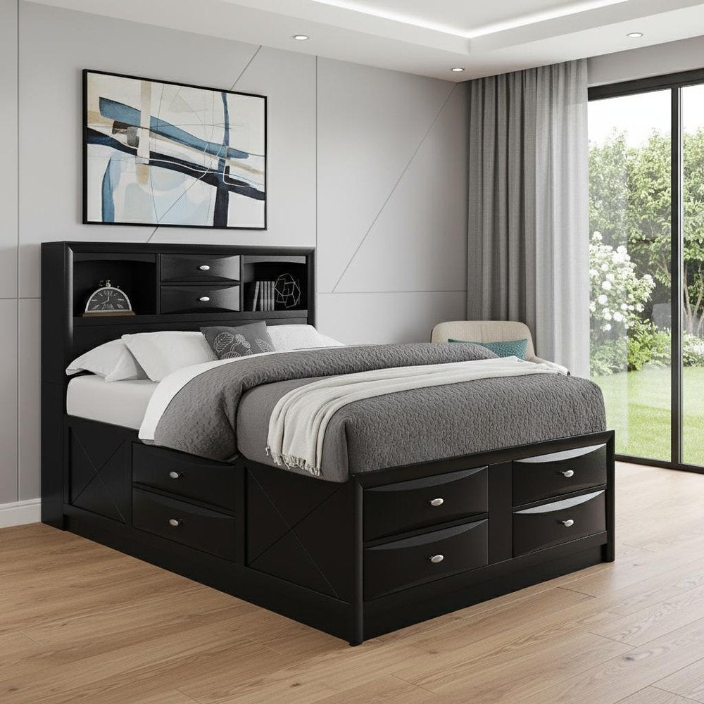 Solid Wood Full Black Eight Drawers Bed