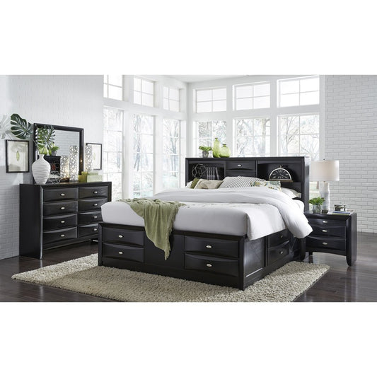 Black Carved Abstract Solid Wood King Bed Frame With Drawers