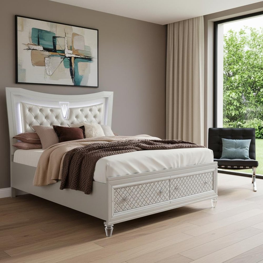 Champagne Tone Queen Bed With Padded Headboard Led Lightning 2 Drawer