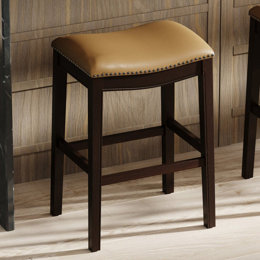 31" Tan and Espresso Faux Leather and Solid Wood Backless Counter Height Bar Chair