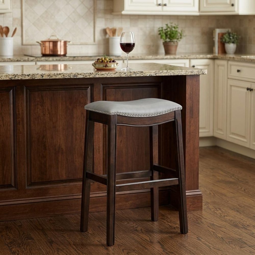 26" Gray And Espresso Faux Leather And Solid Wood Backless Counter Height Bar Chair