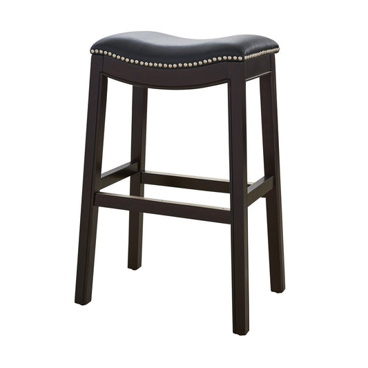 31" Black And Espresso Faux Leather And Solid Wood Backless Bar Height Bar Chair