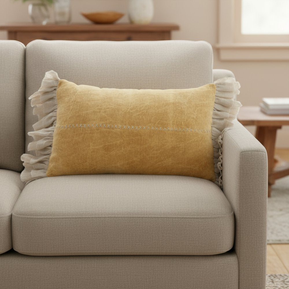 Wide Tasseled Marble Yellow Lumbar Pillow