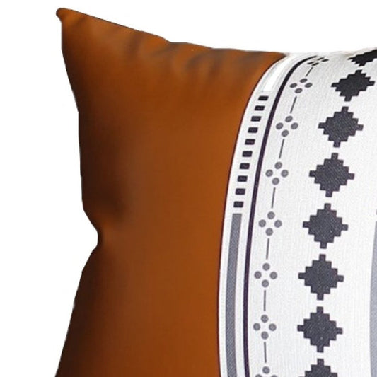 17" Brown and White Faux Leather Throw Pillow Cover