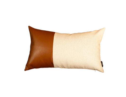 12" X 20" Brown and White Faux Leather Throw Pillow Cover