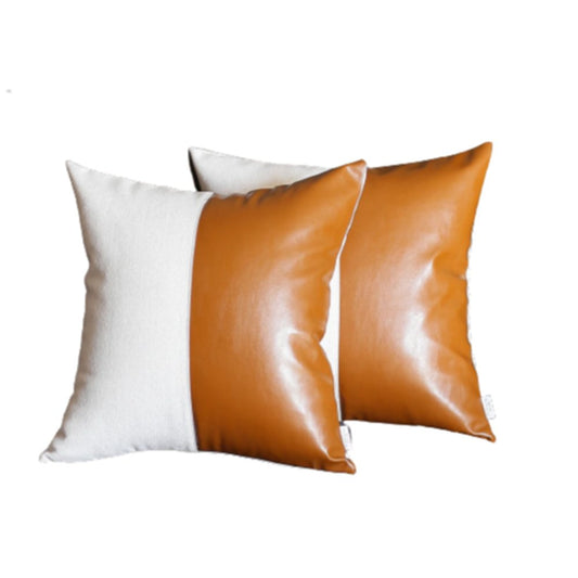 Set of Two 17" Brown And White Faux Leather Throw Pillow Covers