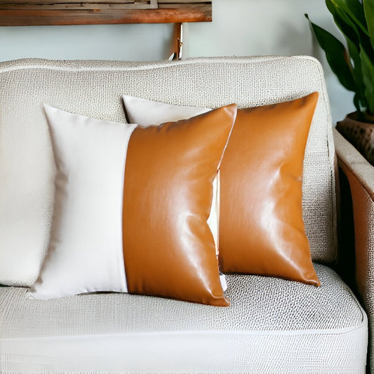 Set of Two 17" Brown And White Faux Leather Throw Pillow Covers
